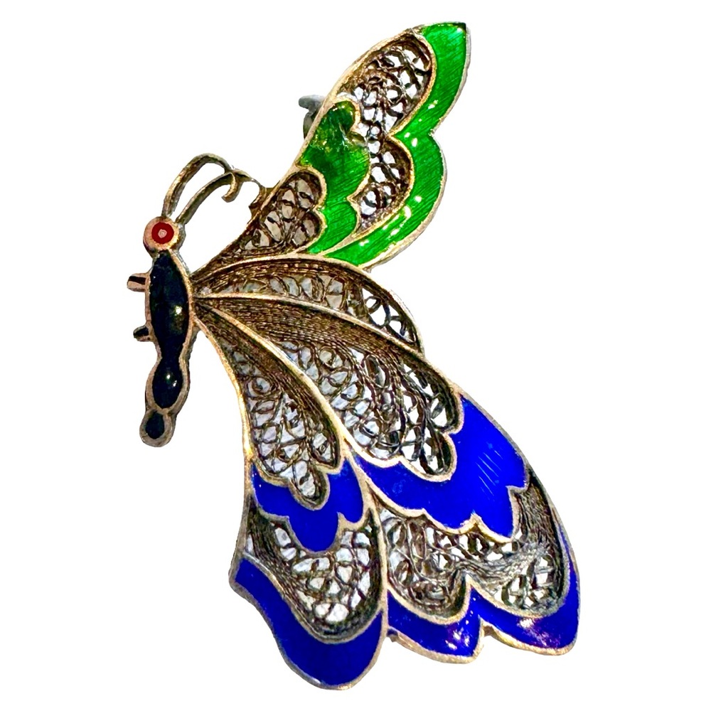 Silver Filigree Enamel Butterfly BROOCH ITALIAN Colorful Blue Green